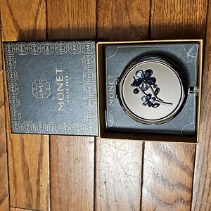 Monet Compact Double Mirror Pewter Tone Blue Floral Bouquet